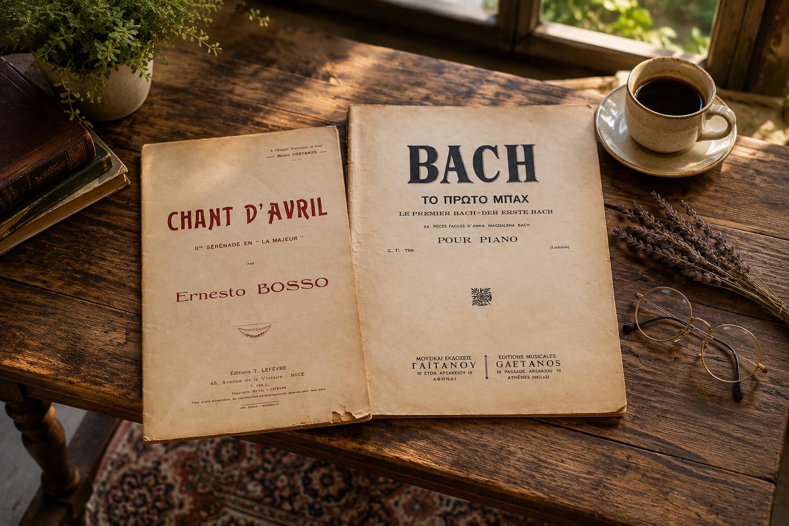 Vintage Sheet Music Lot of 2, Bach Piano Book & Chant d'Avril Ernesto Bosso, Antique European Music Scores, Greek French Music Booklets