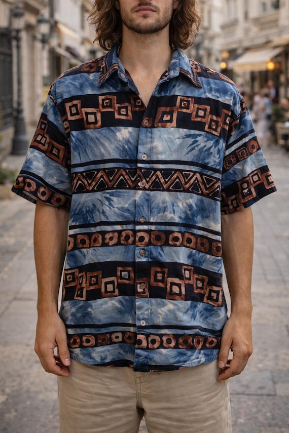 90s Vintage Men's Cotton Shirt | Brown & Blue Tribal Pattern Short Sleeve | Retro Geometric Button up | Size Large