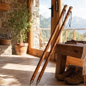 Könnte beinhalten: Zwei hohe, schlanke Wanderstöcke aus Holz mit polierter brauner Oberfläche und kunstvollen Schnitzmustern entlang der Stäbe. Jeder Stock verfügt über eine dunkle Lederhandschlaufe am oberen Ende und eine Metallspitze an der Basis.