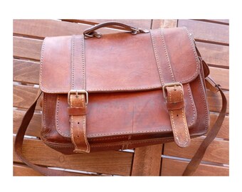 Greek Vintage 80's Natural Brown Genuine Leather Handmade Bag - Shoulder Professor's Messeger Scientist Student Bags made in Greece