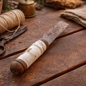Cuchillo decorativo rústico vintage, objeto encontrado de los años 60, mango de madera, decoración popular shabby chic.
