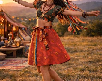 Vintage 90s Indian Wrap Skirt Cotton | Boho Midi Skirt Orange | Unused Summer Bohemian Skirt