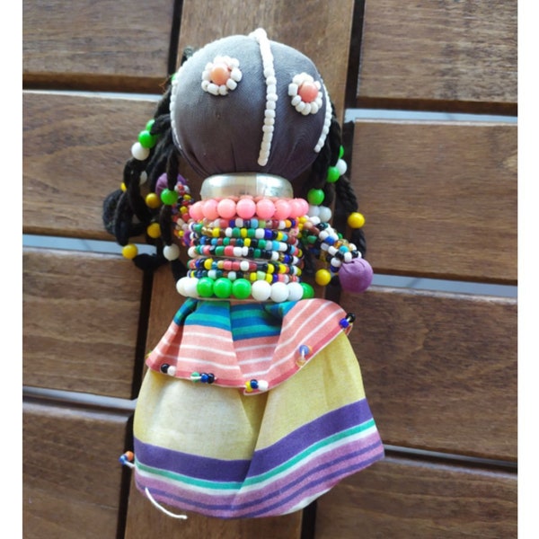 Tribal Ethnic Doll Dark with Beads - Dress Tribal Outfit Faded colors African - Vintage Handmade Figurine Decor 70's