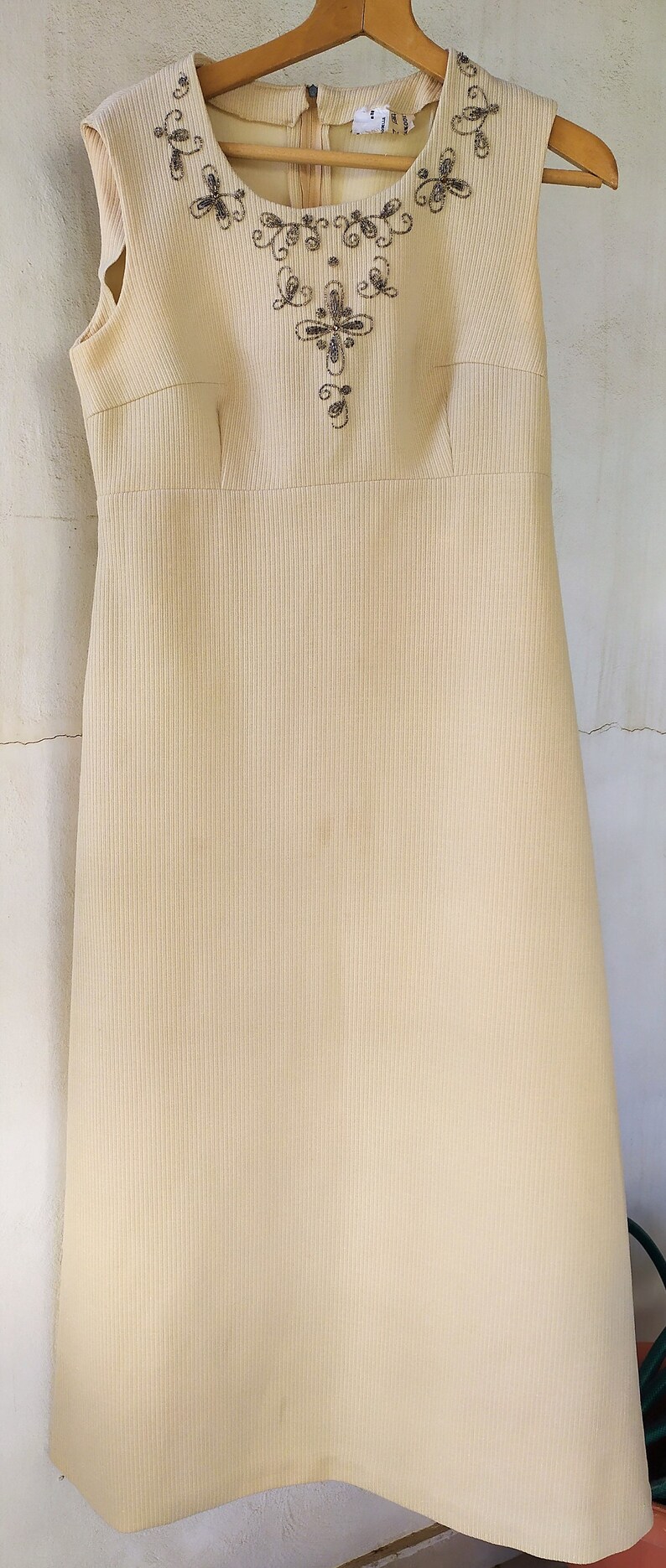 Long Beige Dress 70/'s A-Line Ankle Hem Length Sleeveless Decorated with Beads Retro style Vintage Women/'s Clothing Small size