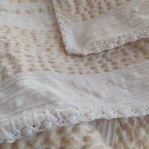 May include: White crocheted fabric with a textured pattern. The fabric has a delicate, lacy edge.