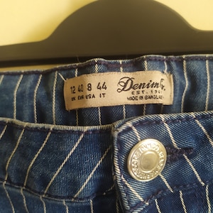 Pantalones vaqueros ajustados de tiro alto a rayas, elásticos, vintage, de los años 90, azules y blancos, para mujer, talla mediana