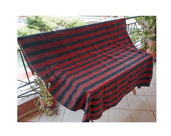 Greek Woven from Wool 50's Handmade Striped Design Bedspread Rustic Rectangular Cover Boho Vintage Decor Made Greece