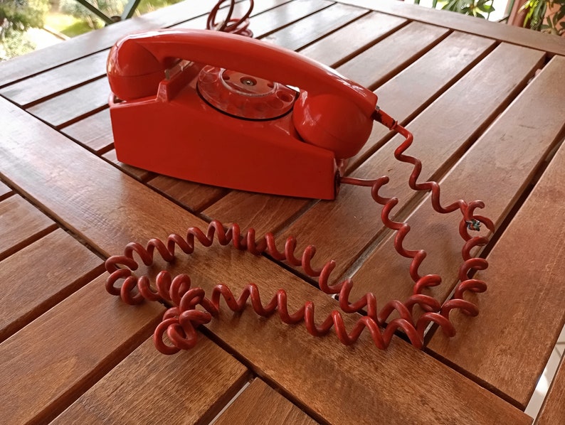 from 70's Landline Phone Red Rotary 1970's Decor Vintage Home Decoration Rotary dial Retro Telephone made in Greece imagem 2