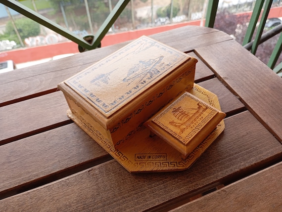 cigarettes in corfu Wooden Trinket Jewelry Box for Cigarettes and Matches Greek 80s Made in  Corfu Greece
