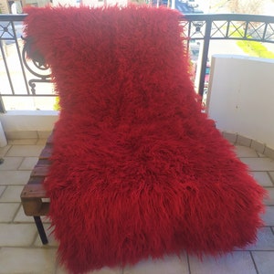 Woven Greek 60&#39;s Dark Red Flokati Wool Organic Rug Woollen Handmade Genuine Original Traditionally High quality Made in Greece