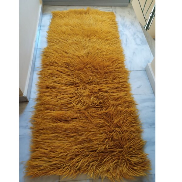 aus griechischen 60's Burnt Orange Flokati Wolle Bio Teppich gewebt Loom Echt Rustikal Original Traditionell Vintage hergestellt in Griechenland