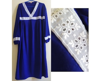 Camisón de lana griega vintage con mangas largas - Maxi vestido azul y blanco - Estilo retro de los años 70 - Tamaño mediano de las mujeres