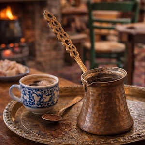 Peut inclure: Une cafetière en cuivre et une petite tasse de café au motif bleu et blanc reposent sur un plateau en laiton décoratif. Une cuillère avec du café moulu repose sur le plateau. L'arrière-plan comprend une cheminée et des loukoums.
