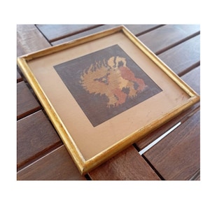 Greek 90s Embroidery Wall Hanging Small Cadre Embroidered Lion Animals Vintage Metal Gold Frame made Greece