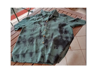 Tie Dye Women's Short Sleeve Cotton Button Down Shirt Black Green Vintage Size 1XLarge Plus