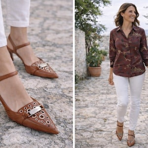 Genuine Leather Vintage Pointed-toe heels Taupe Brown Women's Shoes Made in England Y2K Retro 00's Size EU-36, 5 US Summer Shoes image 1