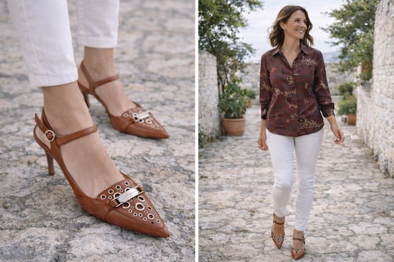 Genuine Leather Vintage Pointed-toe heels Taupe Brown Women's Shoes Made in England Y2K Retro 00's Size EU-36, 5 US  Summer Shoes