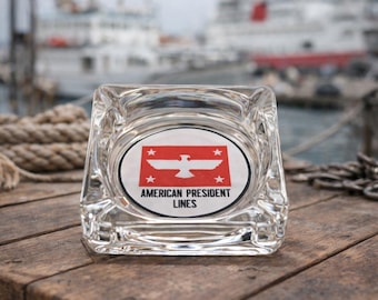 Cenicero vintage de cristal con líneas presidenciales americanas / Cenicero cuadrado transparente para tabaco de colección / Cenicero publicitario de los años 80