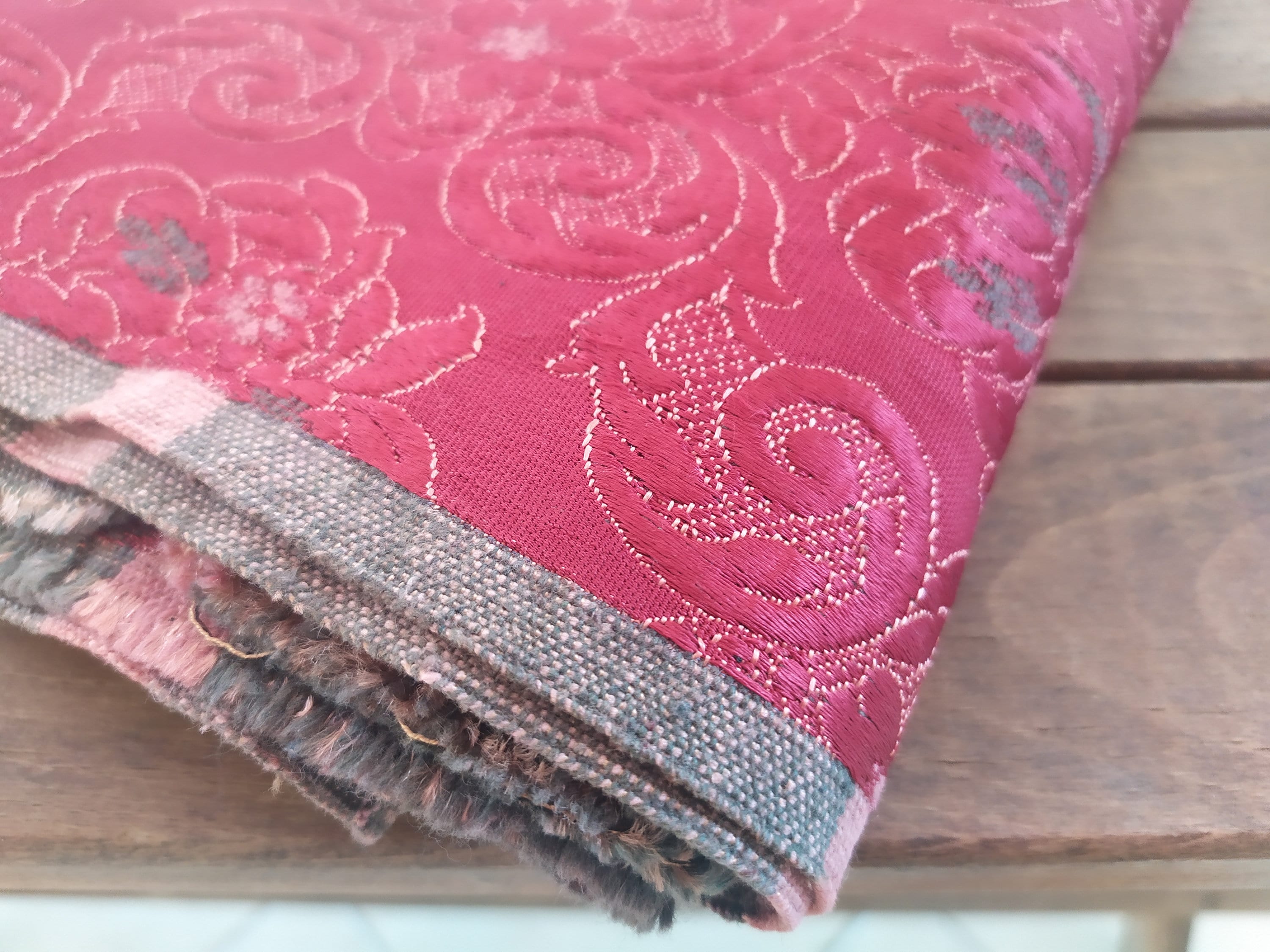 Vintage 70's Dark Red and Gray Tapestry Fabric - Sewing Supplies for Home Decor