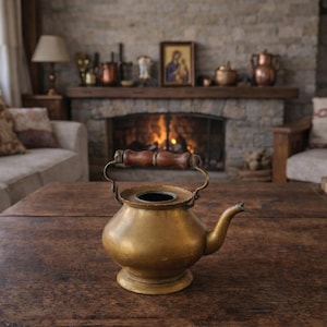 Op de afbeelding: Een vintage messing theepot met een houten handvat en tuit staat op een donkere houten tafel. De theepot heeft een afgeronde body en een gebogen tuit. De achtergrond toont een open haard, banken en decoratieve items.