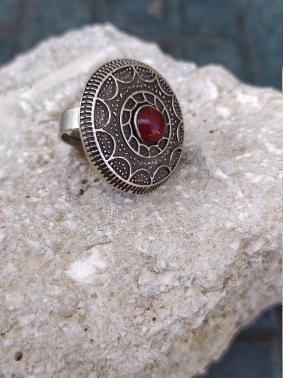 Big Round Alpaca Ring Carved Circle Ring Adjustab… - image 8