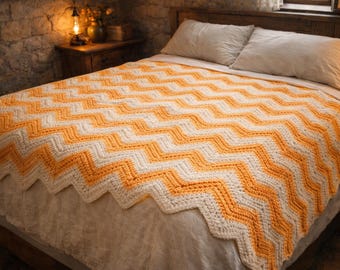Handmade Greek Crochet Bedspread – Orange & White Cotton-Wool Blanket