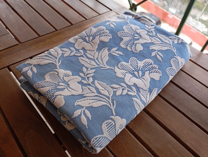 Greek 70s Cotton Vintage Bedspread – Blue White Floral Embossed Double Throw, Made in Greece image 2
