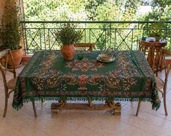 Mantel vintage verde con estampado floral estilo años 60 / Tapiz tejido / Decoración rústica bohemia para comedor / Bordes con flecos / 57 x 54 pulgadas
