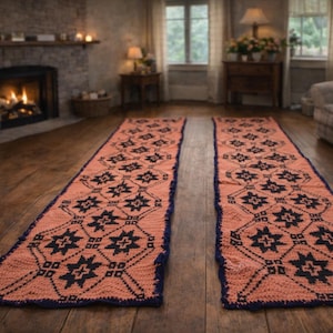 Rugs 2 pieces Greek Handmade Crochet 2 Rugs with Geometric Pattern on Salmon Black Blue colors Vintage 70's Made in Greece Rug Traditionally