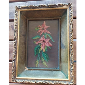 Greek from 70s Embroidery Wall Hanging Small Cadre Embroidered Flowers Vintage with Ornate Golden Frame from Wood and Gesso made in Greece