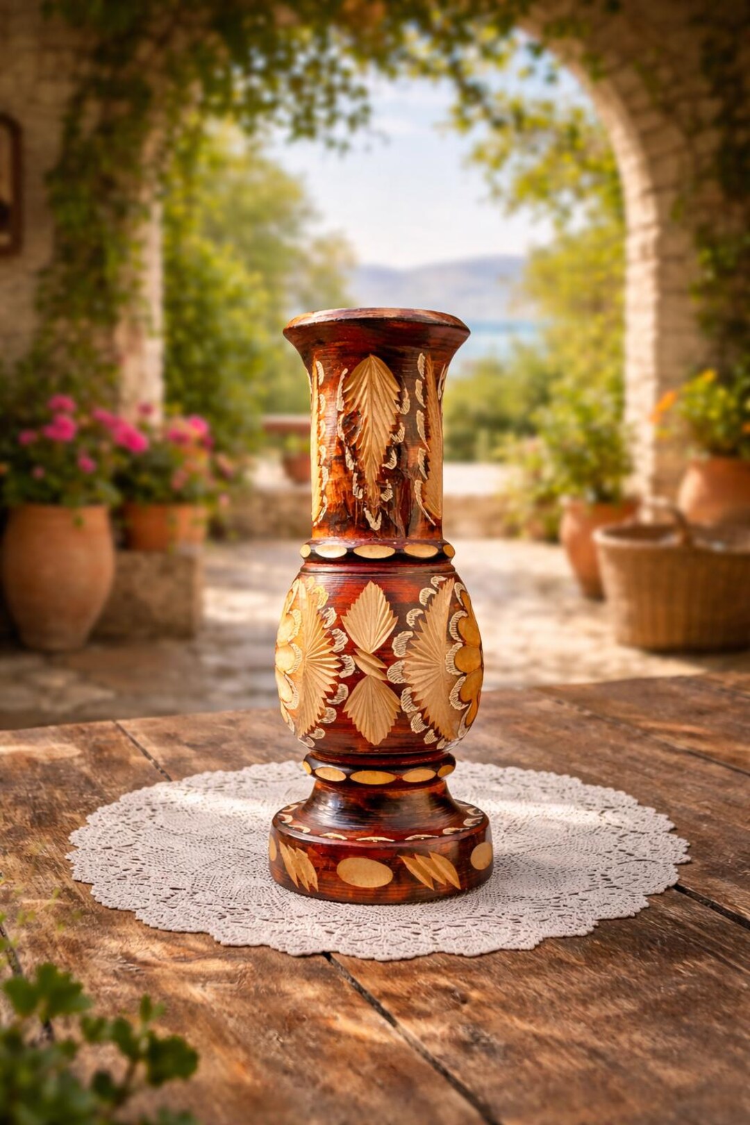 Wooden Carved Handmade Greek Vintage Vase Home Decor Rustic 80's Made in Greece