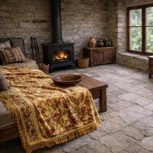 Op de afbeelding: Een gezellige woonkamer met een stenen muur, een open haard en een houten tafel. Een bloemenpatroon deken met franjes is over een bed gedrapeerd. Een decoratieve kom staat op de tafel. De kamer heeft een warme sfeer.