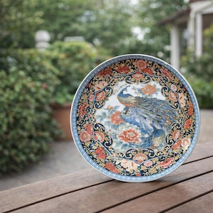 ヴィンテージ 80年代 薩摩焼 手描き 孔雀 皿 日本製 金青赤 21.5 cm