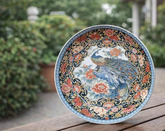 ヴィンテージ 80年代 薩摩焼 手描き 孔雀 皿 日本製 金青赤 21.5 cm