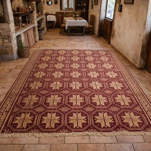 Vintage Greek Double-Sided Wool Rug, 1980s Heavy Machine-Woven Carpet, Geometric Star Pattern image 1