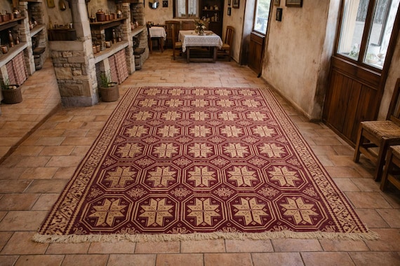 Vintage Greek Double-Sided Wool Rug, 1980s Heavy Machine-Woven Carpet, Geometric Star Pattern