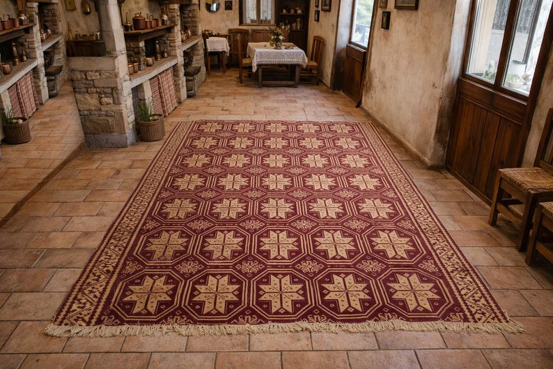 Vintage Greek Double-Sided Wool Rug, 1980s Heavy Machine-Woven Carpet, Geometric Star Pattern image 1