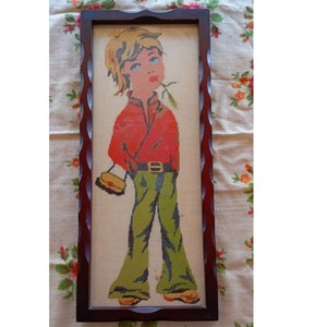 Greek from the 1980s Embroidery Handmade Wooden Frame Depicts Boy  Vintage Wall Hanging Made in Greece