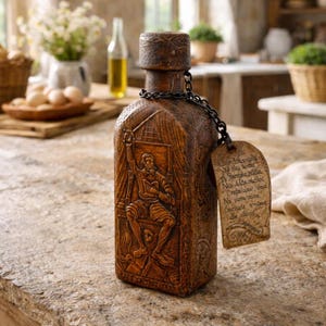 Vintage Leather-Wrapped Decorative Bottle – Hand-Carved Don Quixote Quote – Rustic Spanish Style Collectible