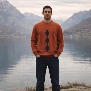 Vintage Argyle Sweater, Wool Blend Pullover, Burn Orange Blue