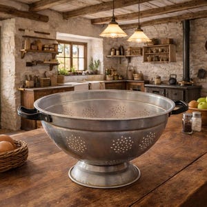 Vintage metalen zeef uit de jaren 60 met zwarte handgrepen kookgerei Boerderijkeuken Roustiek keukendecor Woondecoratie Gemaakt in Griekenland