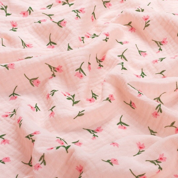 Double gauze cotton muslin fabric Pink flowers cotton fabric Soft lightweight 100% cotton / 114 g/ sq.m 135cm width 53"