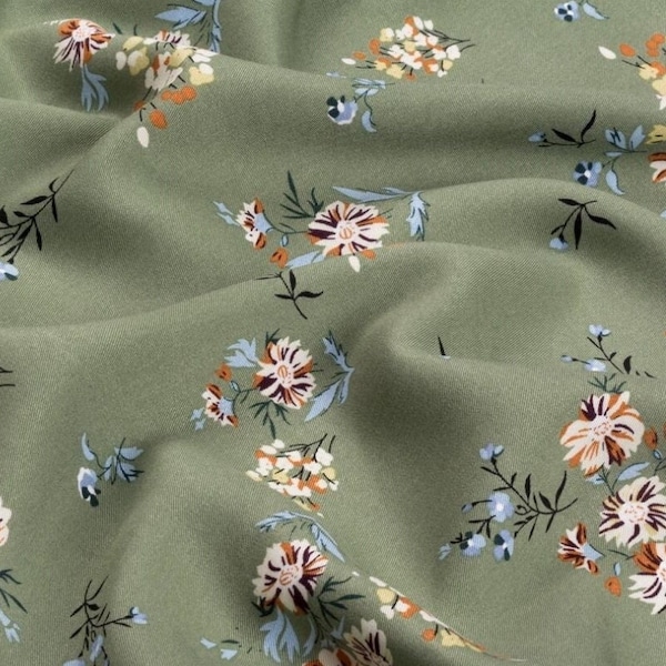 Viscose / Cotton blend fabric 60/40 Natural flowers fabric for sewing dresses, blouses, skirts, light trousers Khaki green Twill fabric