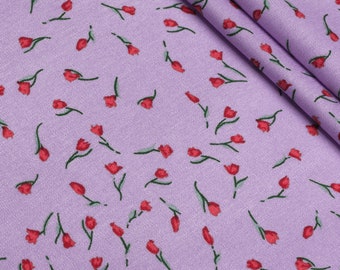 Violet flowers print viscose fabric Dress fabric Red Flowers fabric Viscose cotton fabric 57" 145cm wide 161 g/ sq.m.