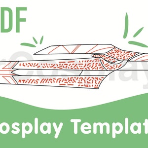 May include: A black and white line drawing of a spaceship with red details. The image is labeled "PDF Cosplay Template".