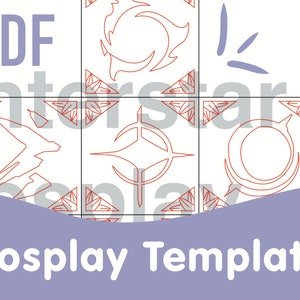 Peut inclure: Un modèle de cosplay imprimable en PDF avec trois designs différents. Les designs sont dessinés en rouge et comprennent un croissant de lune, une étoile et un éclair.