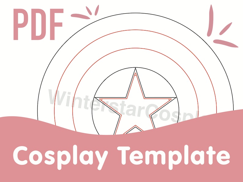 May include: A printable PDF template for a Captain America cosplay shield. The template features a red, white, and blue star on a circle with concentric circles.