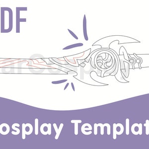 Puede incluir: Un dibujo en blanco y negro de una espada con detalles intrincados. La espada tiene una hoja curva y un mango decorativo. El texto "PDF Cosplay Template" está en la parte inferior de la imagen.