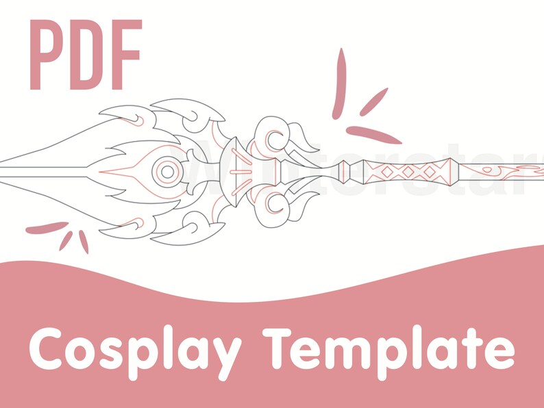 May include: A printable PDF template for a cosplay prop, a white and red detailed sword with the text "PDF Cosplay Template" at the bottom.