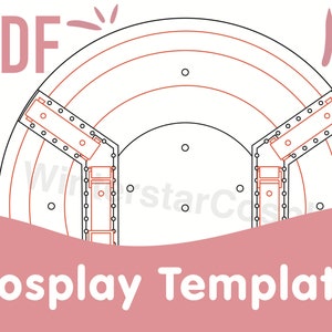 May include: A printable PDF cosplay template for a helmet with a large, rounded top and three sections. The template is outlined in black and features red lines for detail. The text "PDF" and "Cosplay Template" are visible on the image.
